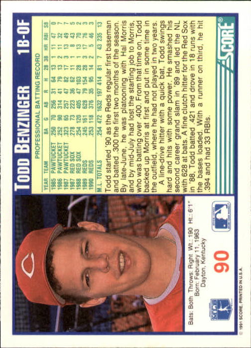 1991 Score #90 Todd Benzinger back image
