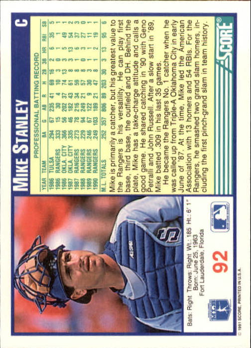 1991 Score #92 Mike Stanley back image