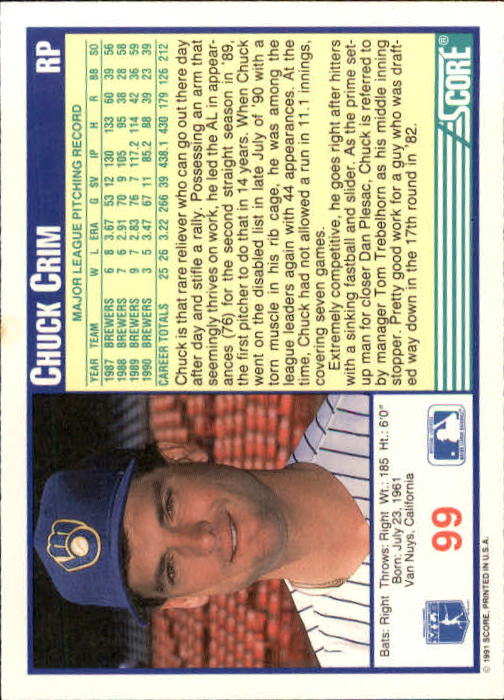 1991 Score #99 Chuck Crim back image