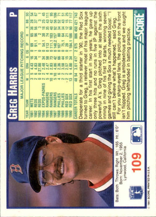 1991 Score #109 Greg A. Harris UER/Shown pitching lefty, bio says righty back image