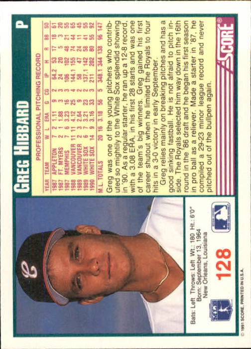 1991 Score #128 Greg Hibbard back image