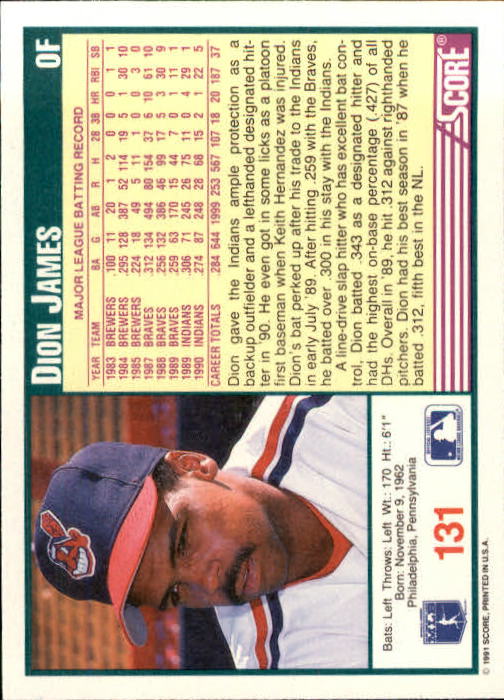1991 Score #131 Dion James back image