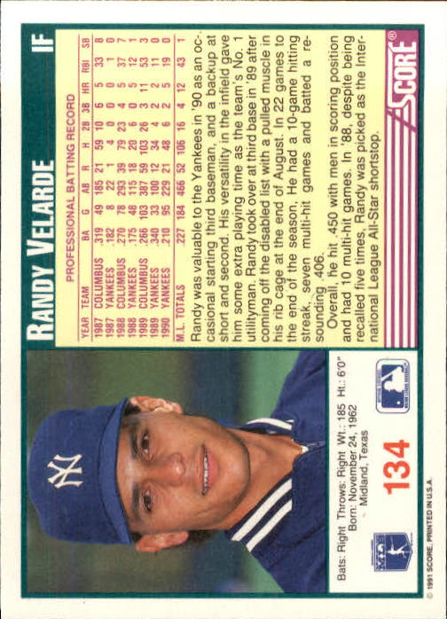 1991 Score #134 Randy Velarde back image