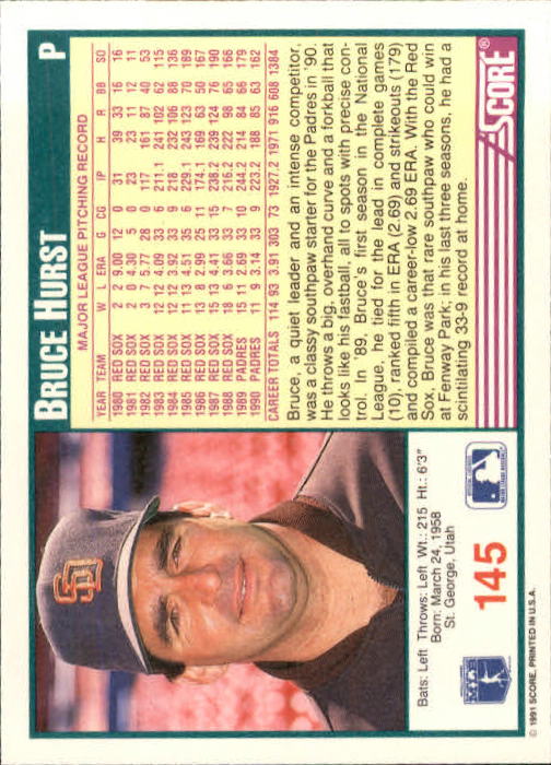 1991 Score #145 Bruce Hurst back image