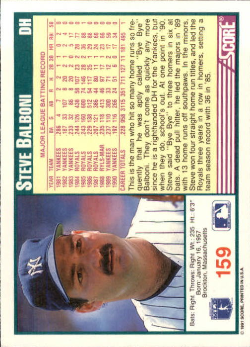 1991 Score #159 Steve Balboni back image