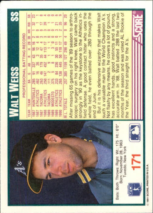 1991 Score #171 Walt Weiss back image