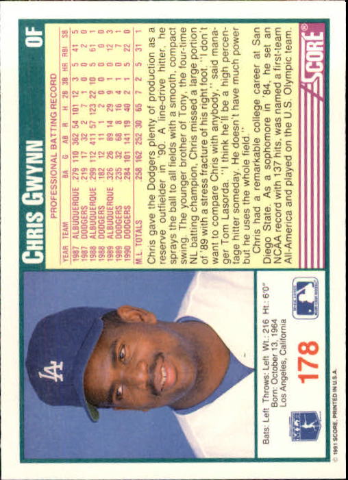 1991 Score #178 Chris Gwynn back image