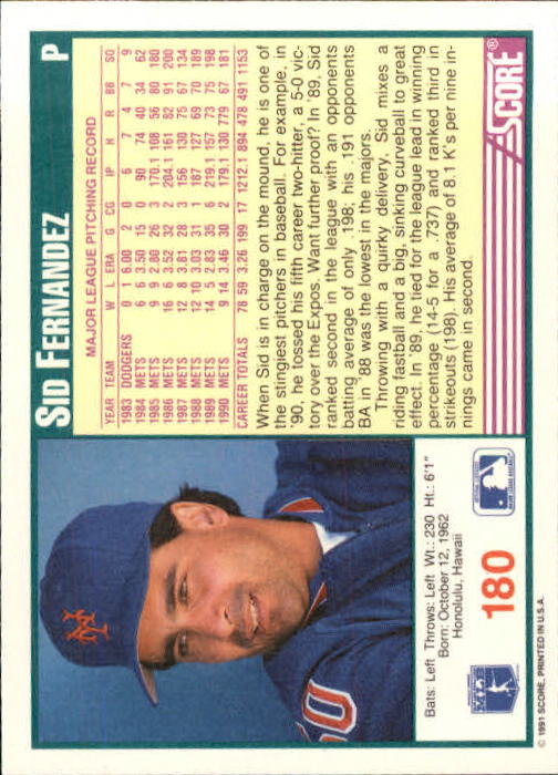 1991 Score #180 Sid Fernandez UER/779 runs in 1990 back image