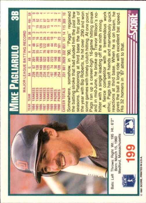 1991 Score #199 Mike Pagliarulo back image