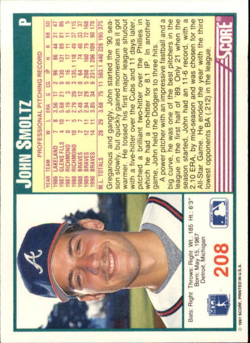 1991 Score #208 John Smoltz back image