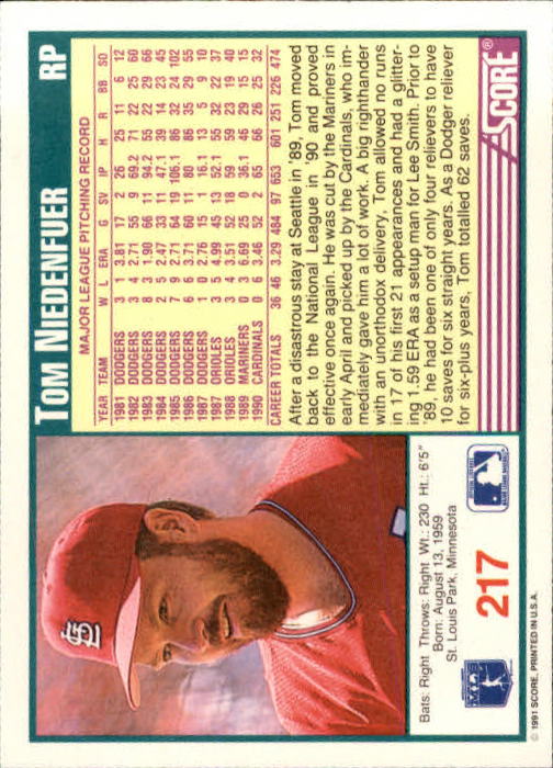 1991 Score #217 Tom Niedenfuer back image