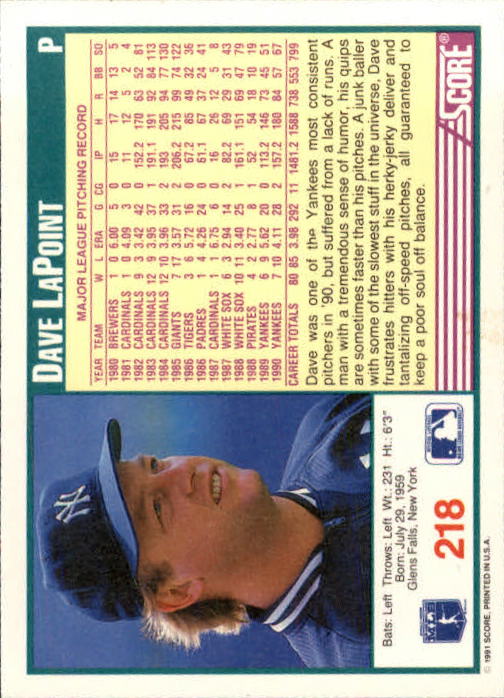 1991 Score #218 Dave LaPoint back image