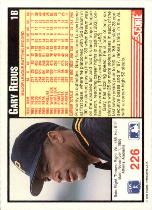1991 Score #226 Gary Redus back image
