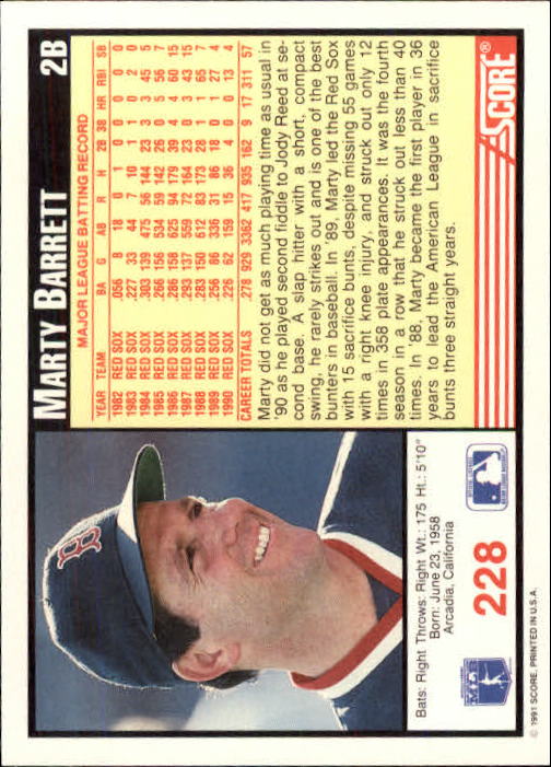 1991 Score #228 Marty Barrett back image