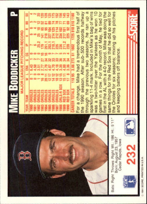 1991 Score #232 Mike Boddicker back image