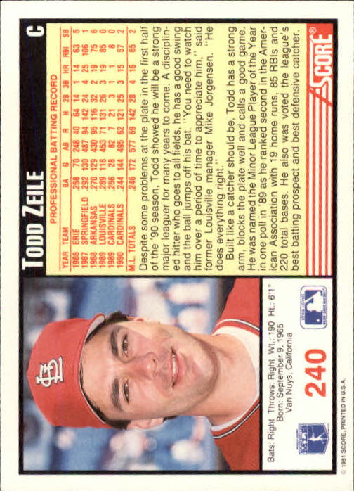 1991 Score #240 Todd Zeile back image
