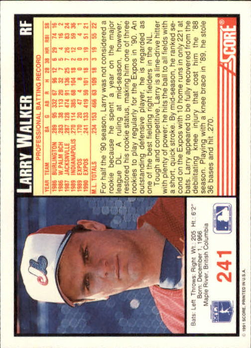 1991 Score #241 Larry Walker UER/Maple River, should/be Maple Ridge back image