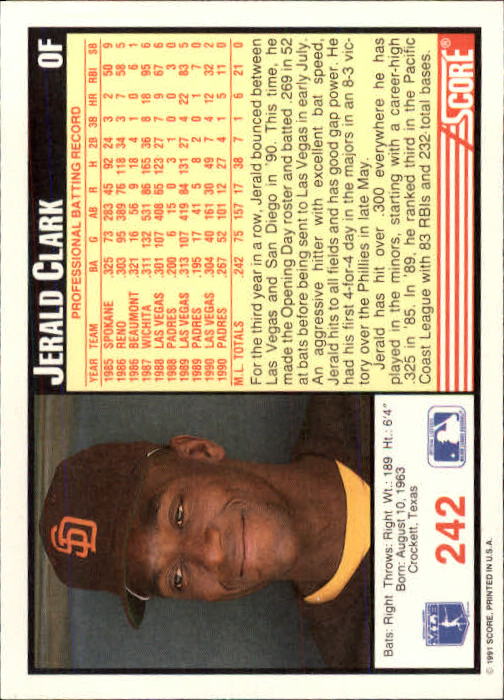 1991 Score #242 Jerald Clark back image