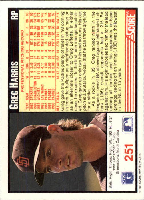 1991 Score #251 Greg W. Harris back image