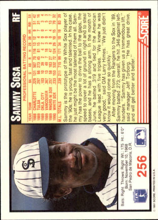 1991 Score #256 Sammy Sosa back image
