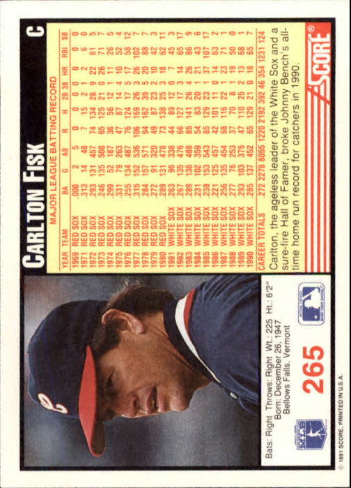 1991 Score #265 Carlton Fisk back image