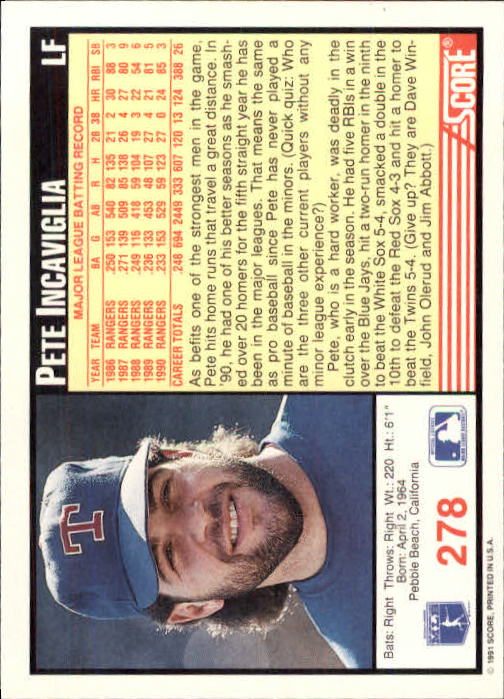 1991 Score #278 Pete Incaviglia back image