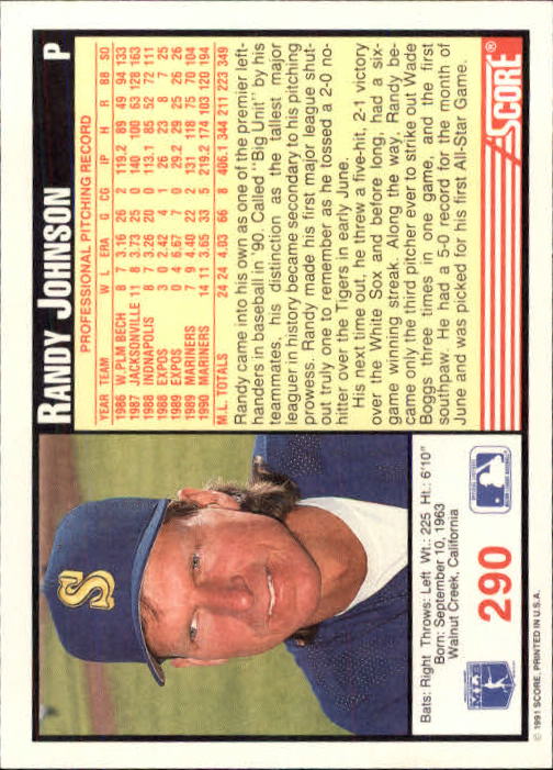 1991 Score #290 Randy Johnson back image