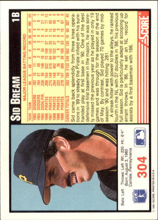 1991 Score #304 Sid Bream back image