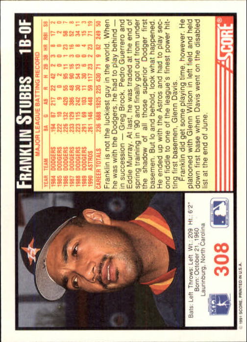 1991 Score #308 Franklin Stubbs back image