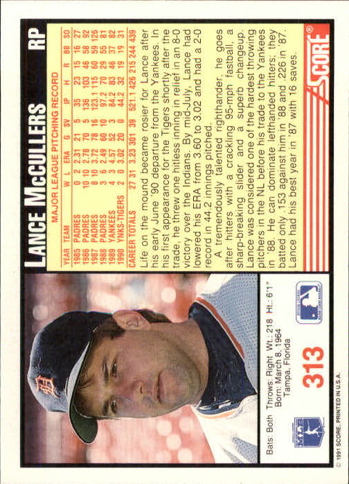 1991 Score #313 Lance McCullers back image