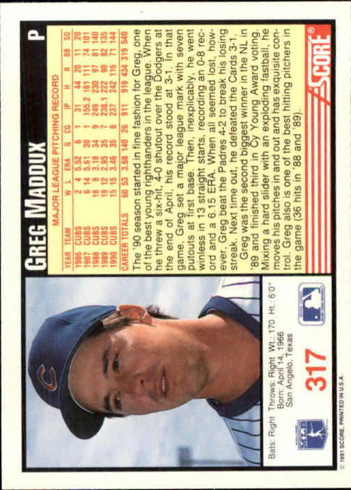 1991 Score #317 Greg Maddux back image