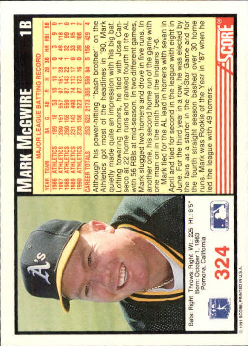 1991 Score #324 Mark McGwire back image