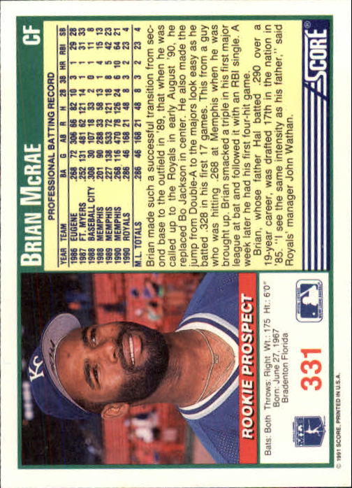 1991 Score #331 Brian McRae UER RC/No comma between/city and state back image