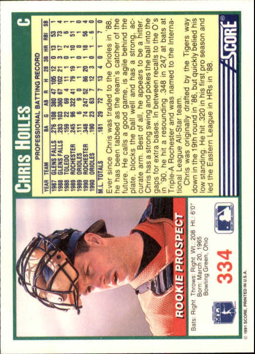 1991 Score #334 Chris Hoiles back image
