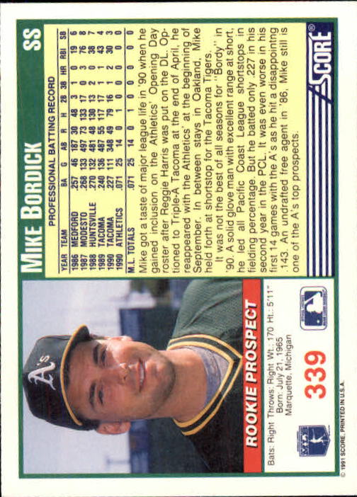 1991 Score #339 Mike Bordick RC back image