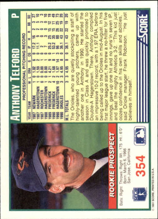 1991 Score #354 Anthony Telford RC back image