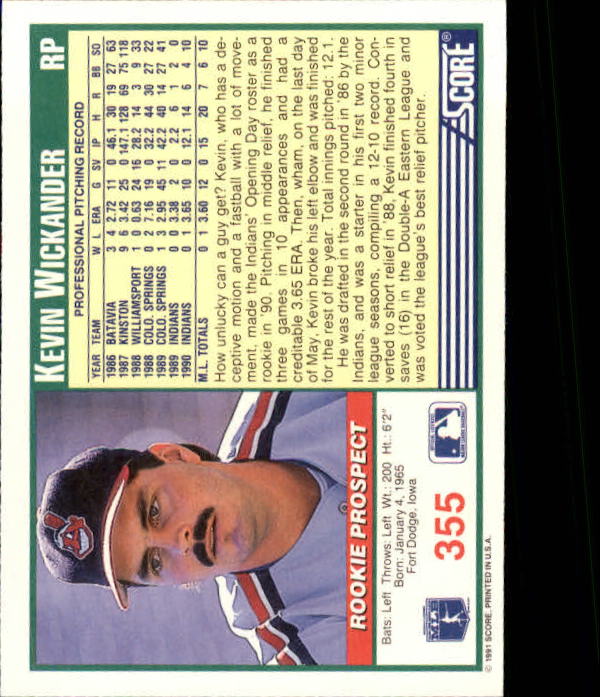 1991 Score #355 Kevin Wickander back image