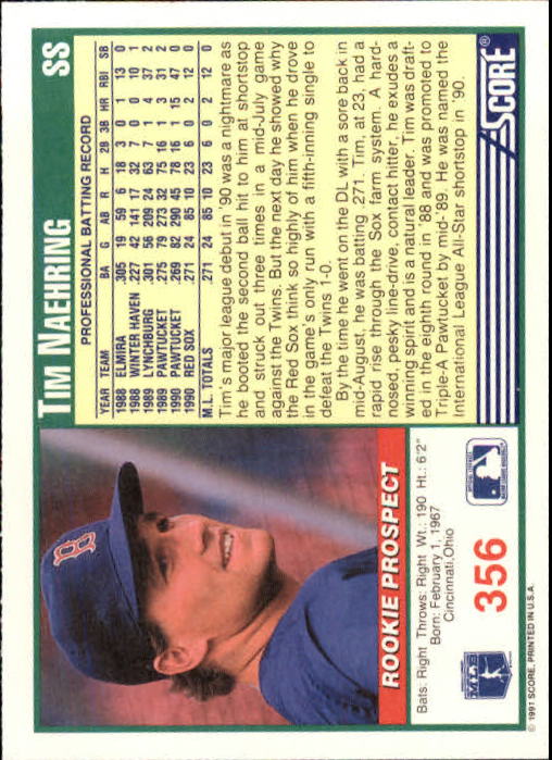 1991 Score #356 Tim Naehring back image