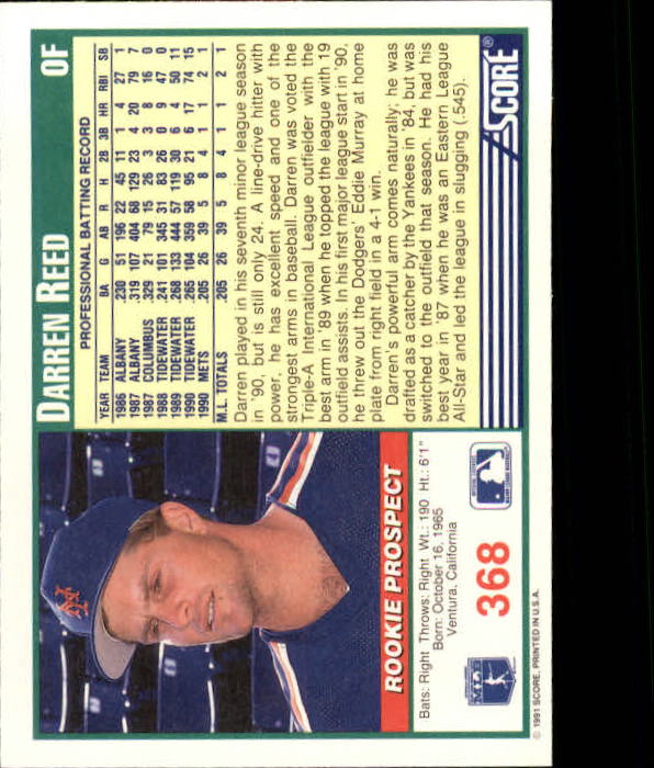1991 Score #368 Darren Reed back image