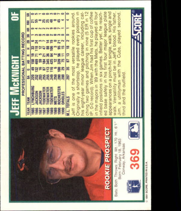 1991 Score #369 Jeff McKnight back image