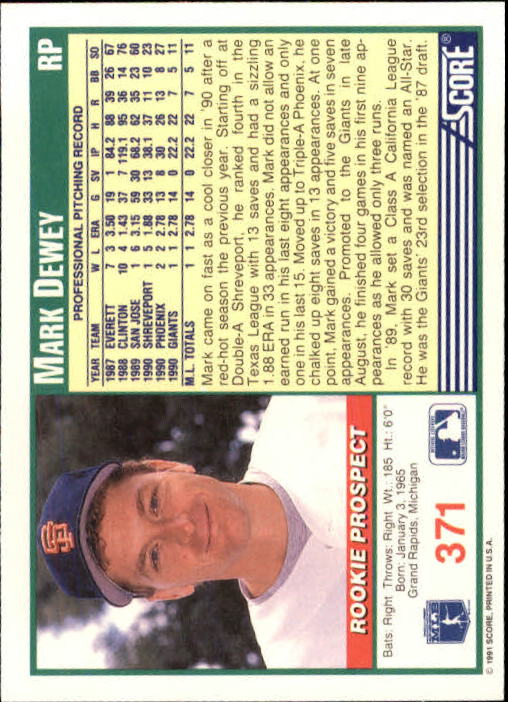 1991 Score #371 Mark Dewey RC back image