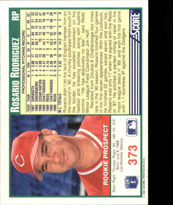 1991 Score #373 Rosario Rodriguez UER RC/Shown hitting lefty, bio says righty back image