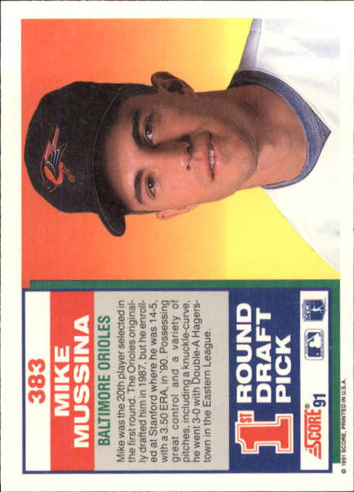 1991 Score #383 Mike Mussina RC back image