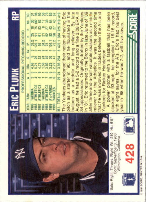 1991 Score #428 Eric Plunk UER/Text says Eric's had, no apostrophe needed back image