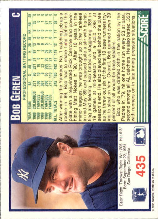 1991 Score #435 Bob Geren back image