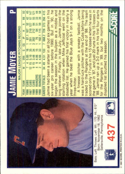 1991 Score #437 Jamie Moyer back image