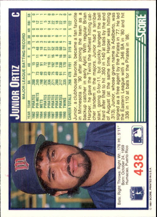 1991 Score #438 Junior Ortiz back image
