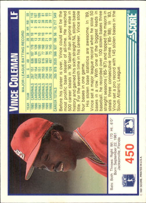 1991 Score #450 Vince Coleman UER/Should say topped/majors in steals four/times, not three times back image