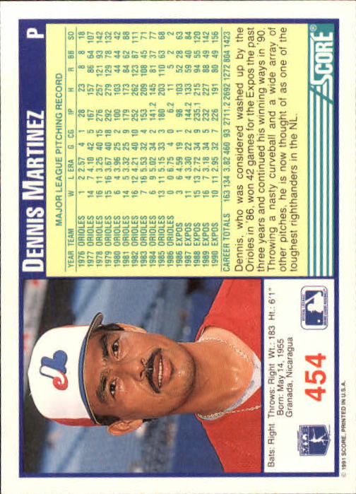1991 Score #454 Dennis Martinez back image