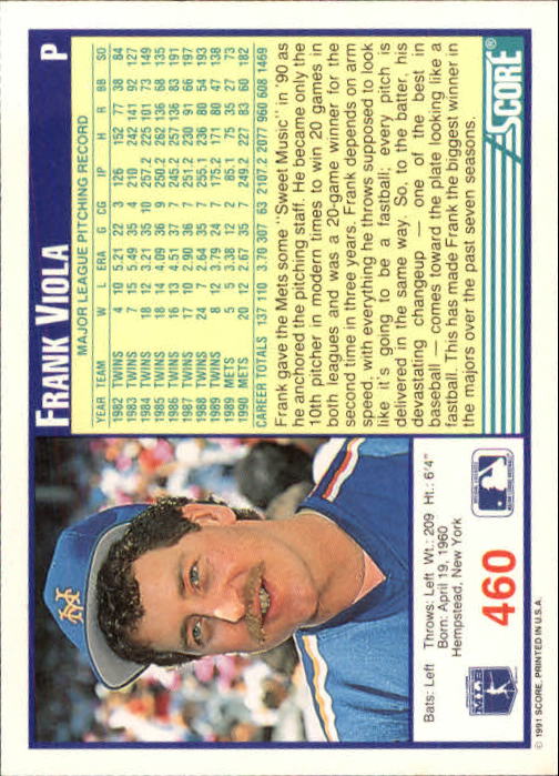 1991 Score #460 Frank Viola back image